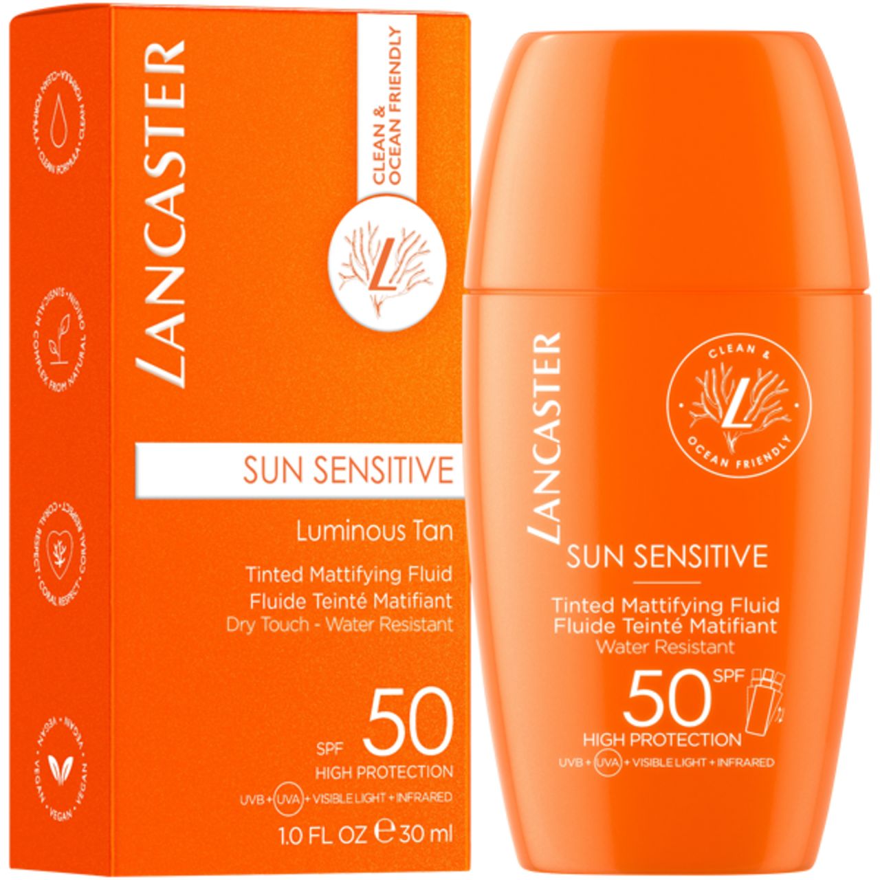 Scatola e flacone arancioni. Scritta: LANCASTER SUN SENSITIVE 50 SPF. Testo: Luminous Tan, Tinted Mattifying Fluid.