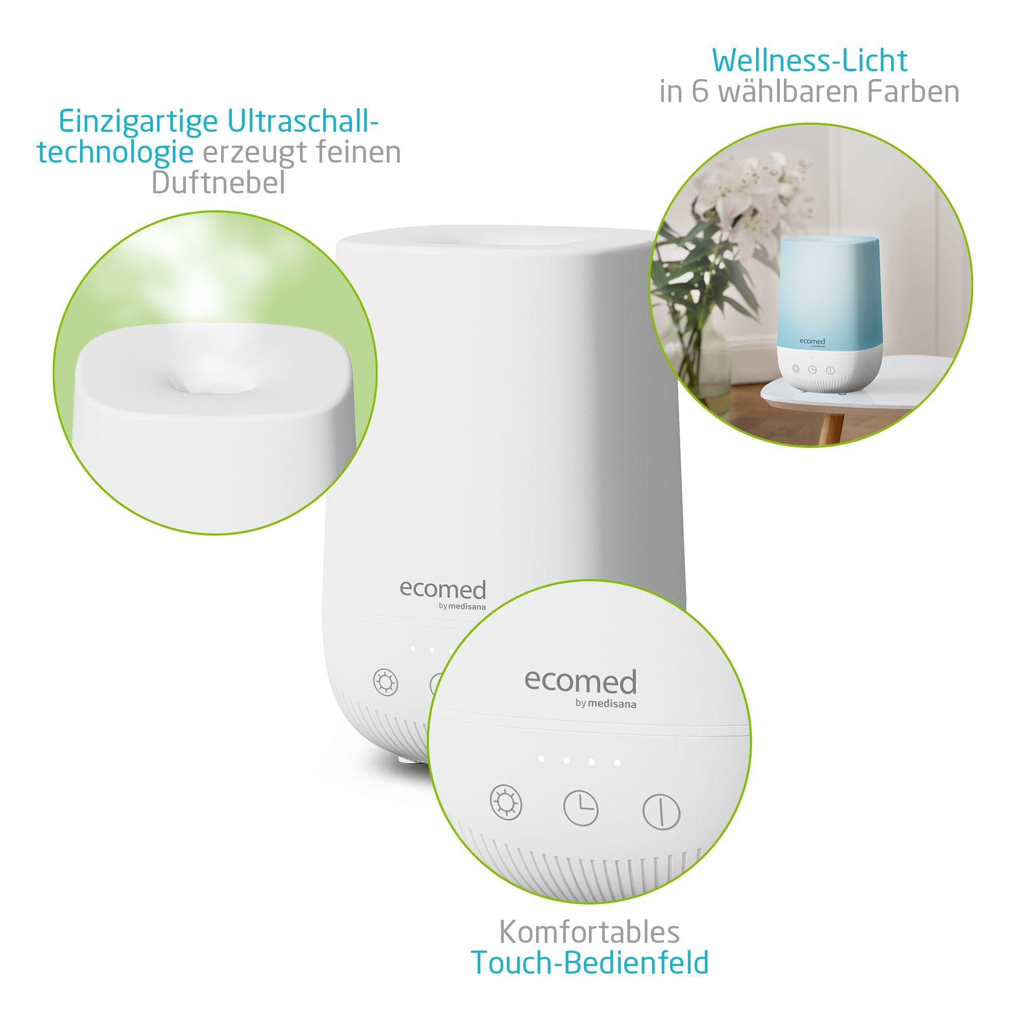 Diffusore di aromi ecomed AD-50E: tecnologia a ultrasuoni, pannello touch, luce benessere 6 colori.