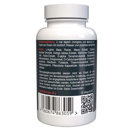 Flacone di capsule bianco con testo nero. Retro con ingredienti, codice a barre e QR code. Testo in tedesco.