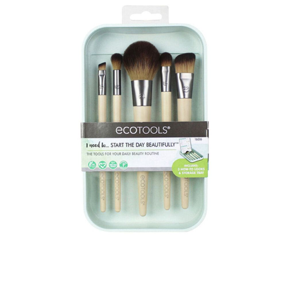 Set di 6 pennelli per trucco in confezione verde chiaro. Pennelli con manici in legno chiaro e setole scure. Nome del prodotto visibile.