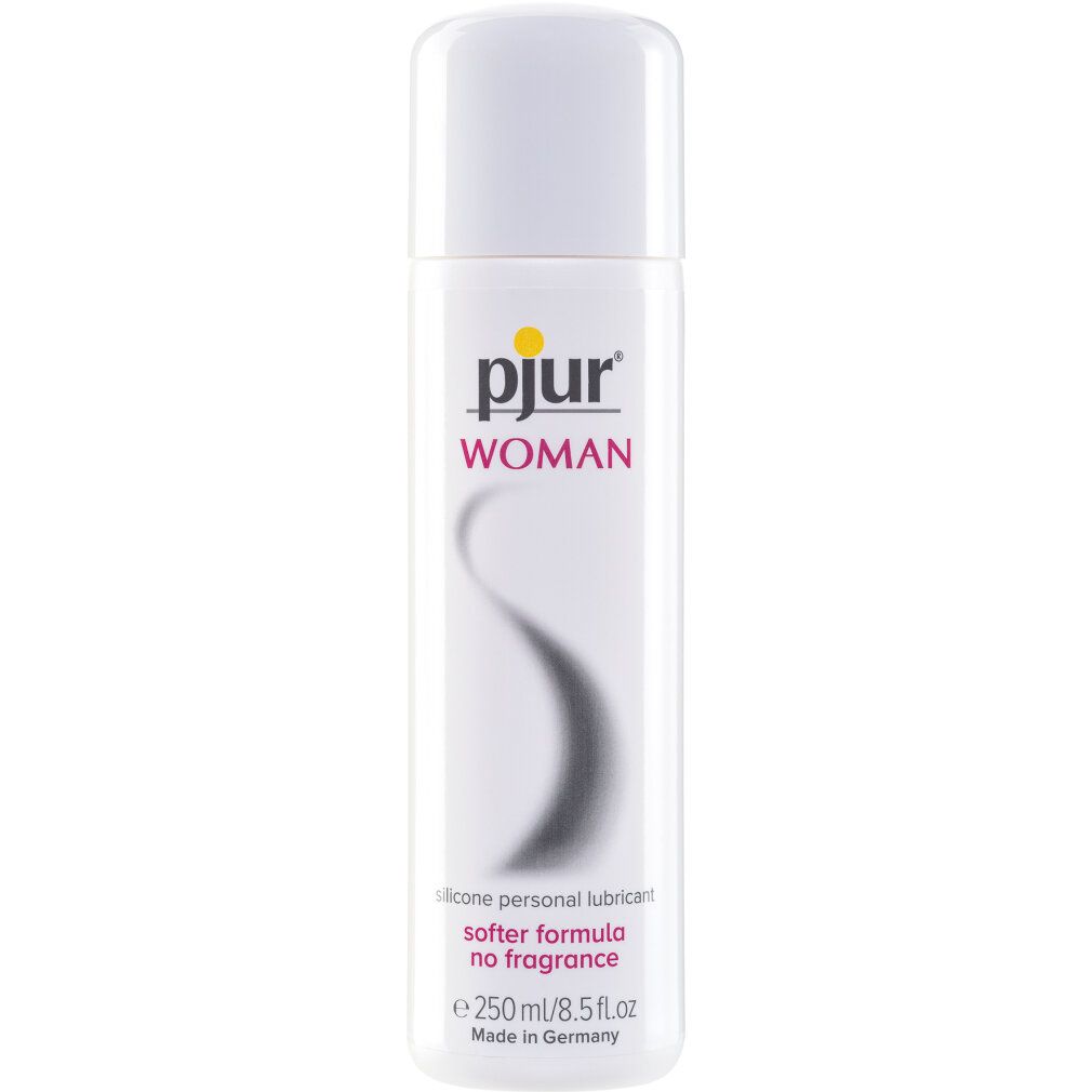 Flacone bianco con etichetta gialla. Scritta: pjur WOMAN, con grafica grigia sotto. Testo: silicone personal lubricant, softer formula no fragrance.