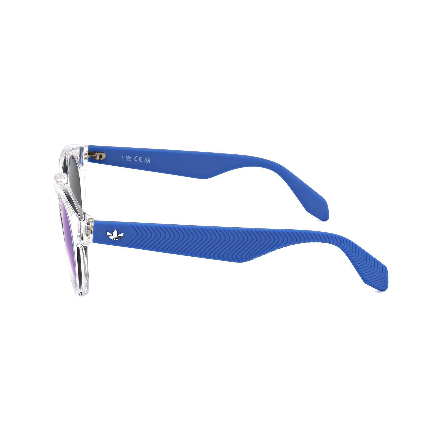Occhiali da sole trasparenti con aste blu e logo Adidas.