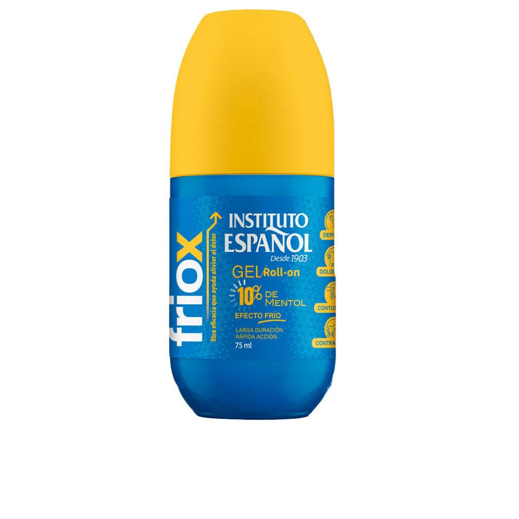 Deodorante roll-on blu con tappo giallo. Scritte: friox, INSTITUTO ESPAÑOL, GEL Roll-on, 10% Menthol, Efecto Frio.