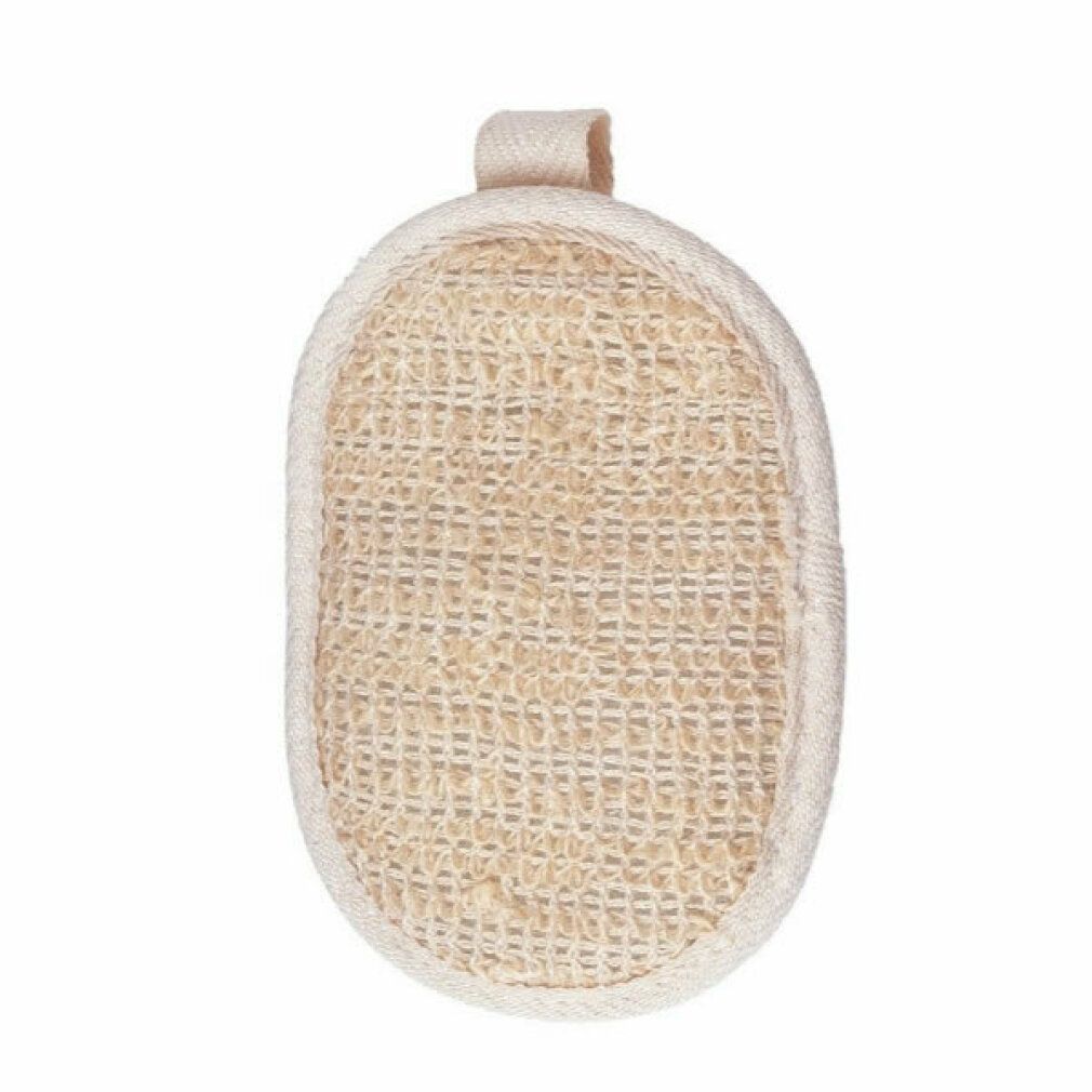 Spugna da bagno ovale in sisal e cotone con anello. Beige, bordo bianco.