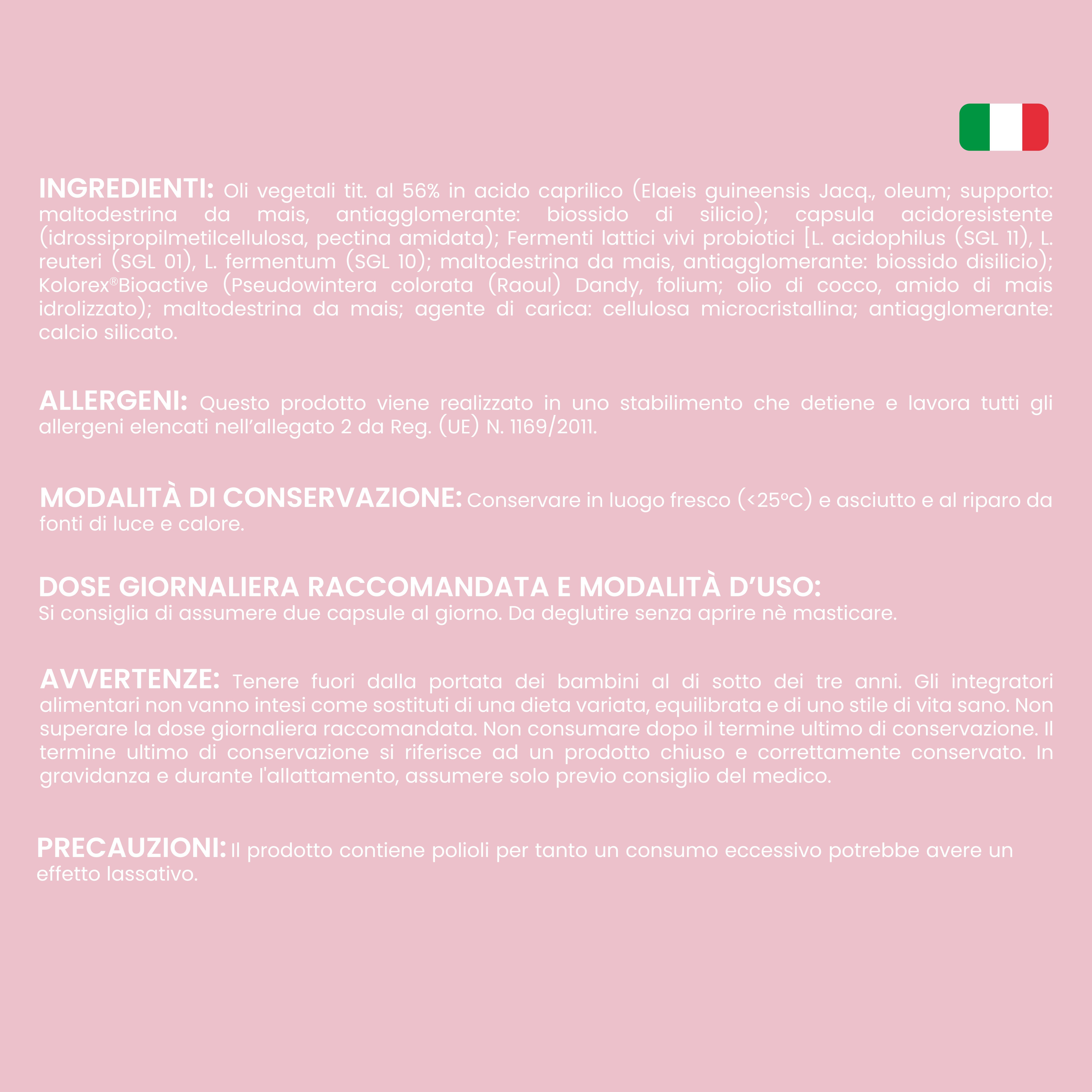 Testo sugli ingredienti, allergeni, conservazione e dosaggio. Contiene informazioni su Floril Bio.