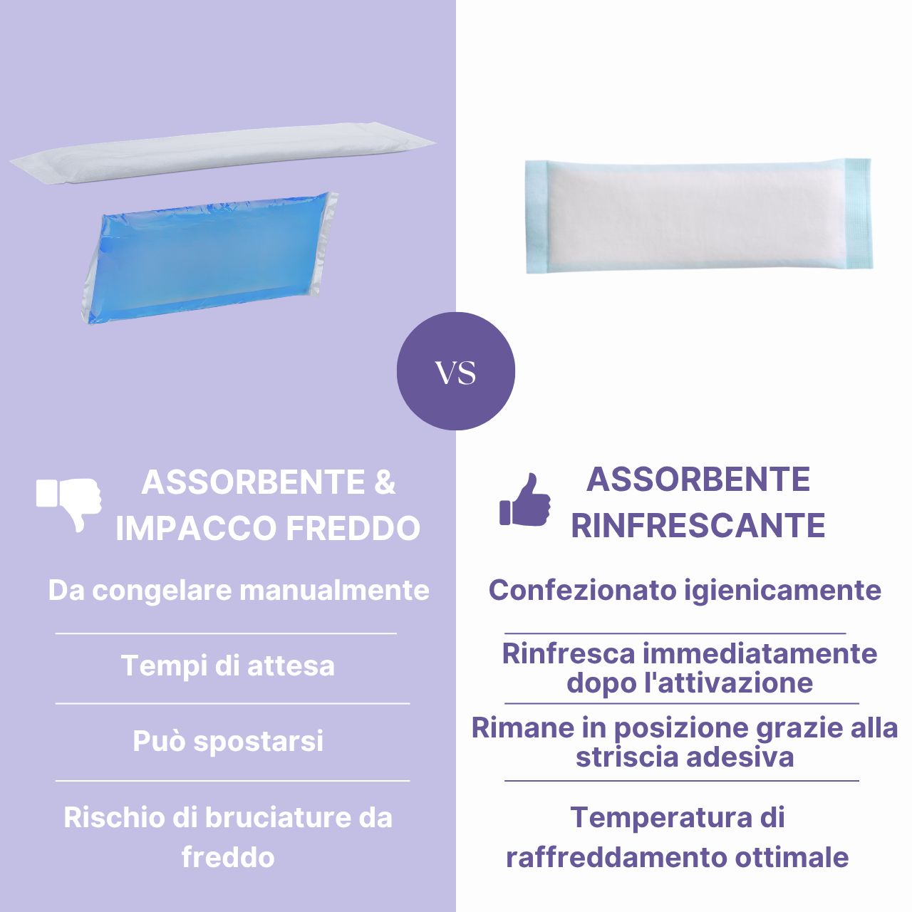 Confronto: Assorbente & impacco freddo vs. pad rinfrescante MyClarella.