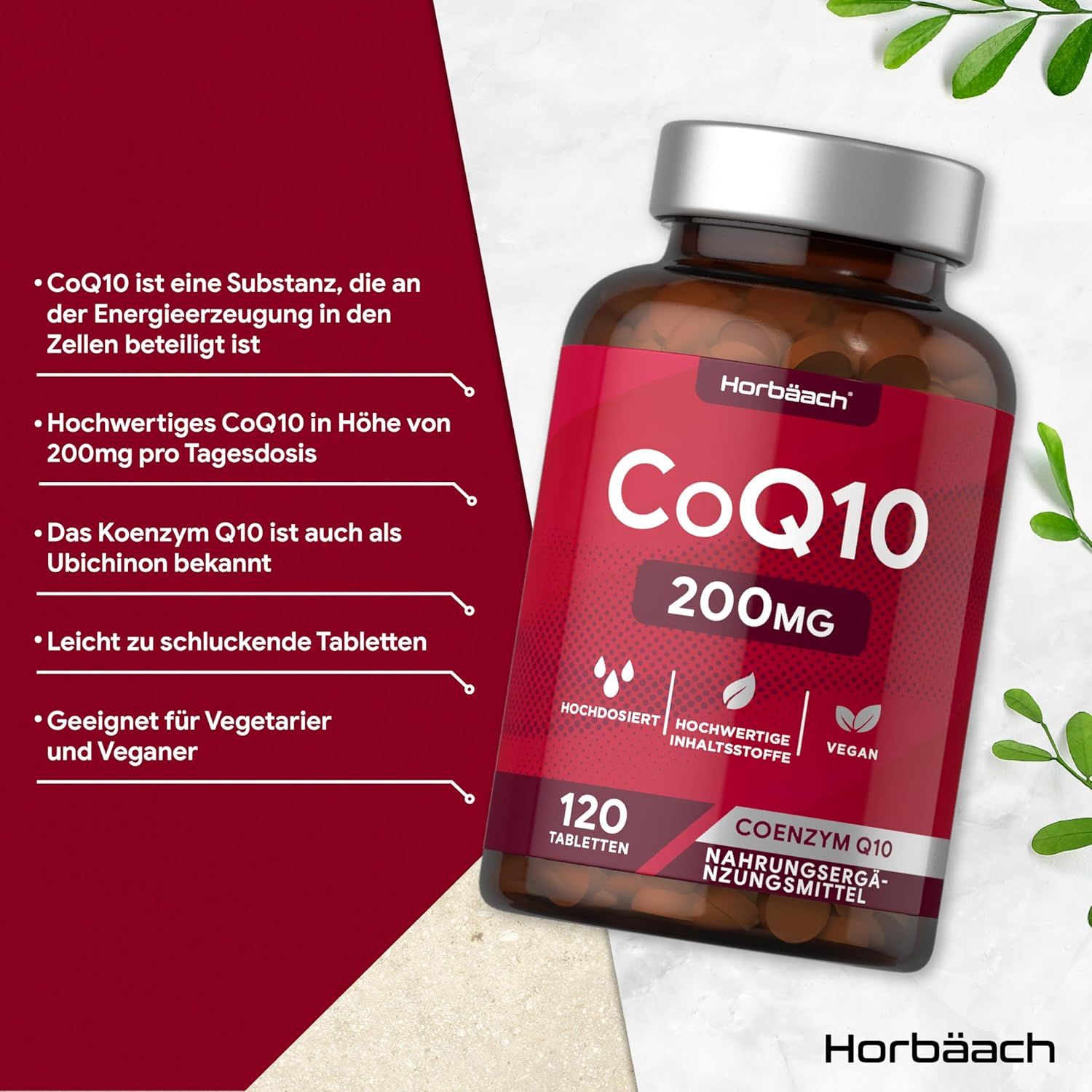 Bottiglia marrone con etichetta rossa. CoQ10 200mg, 120 compresse. Marchio: Horbaach. Vegano. Sfondo con foglie.