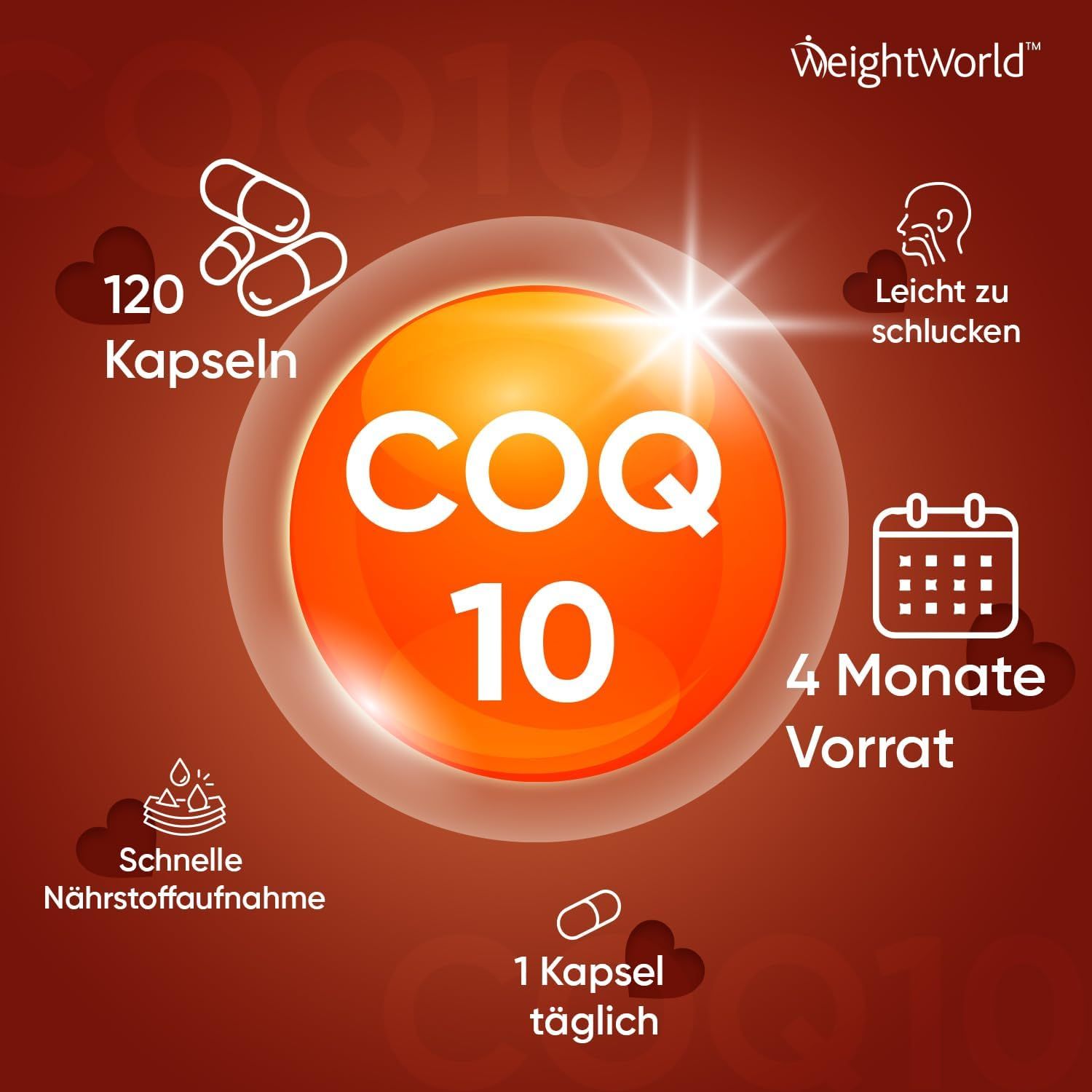 Presentazione circolare con informazioni sulle capsule di CoQ10. 120 capsule, facili da deglutire, 4 mesi di scorta, 1 capsula al giorno.