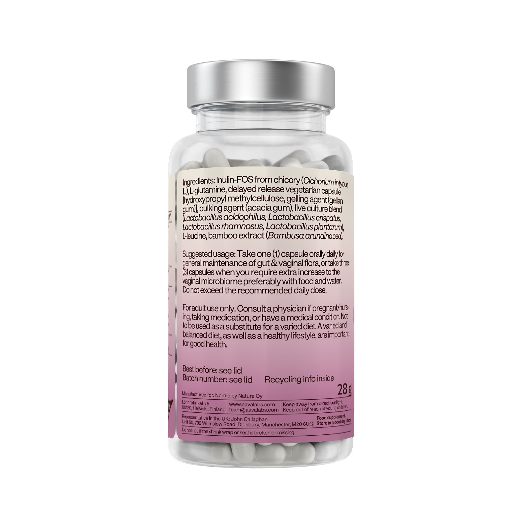 Aavalabs Women's Probiolac. Retro della bottiglia. Ingredienti, istruzioni per l'uso. 28g.