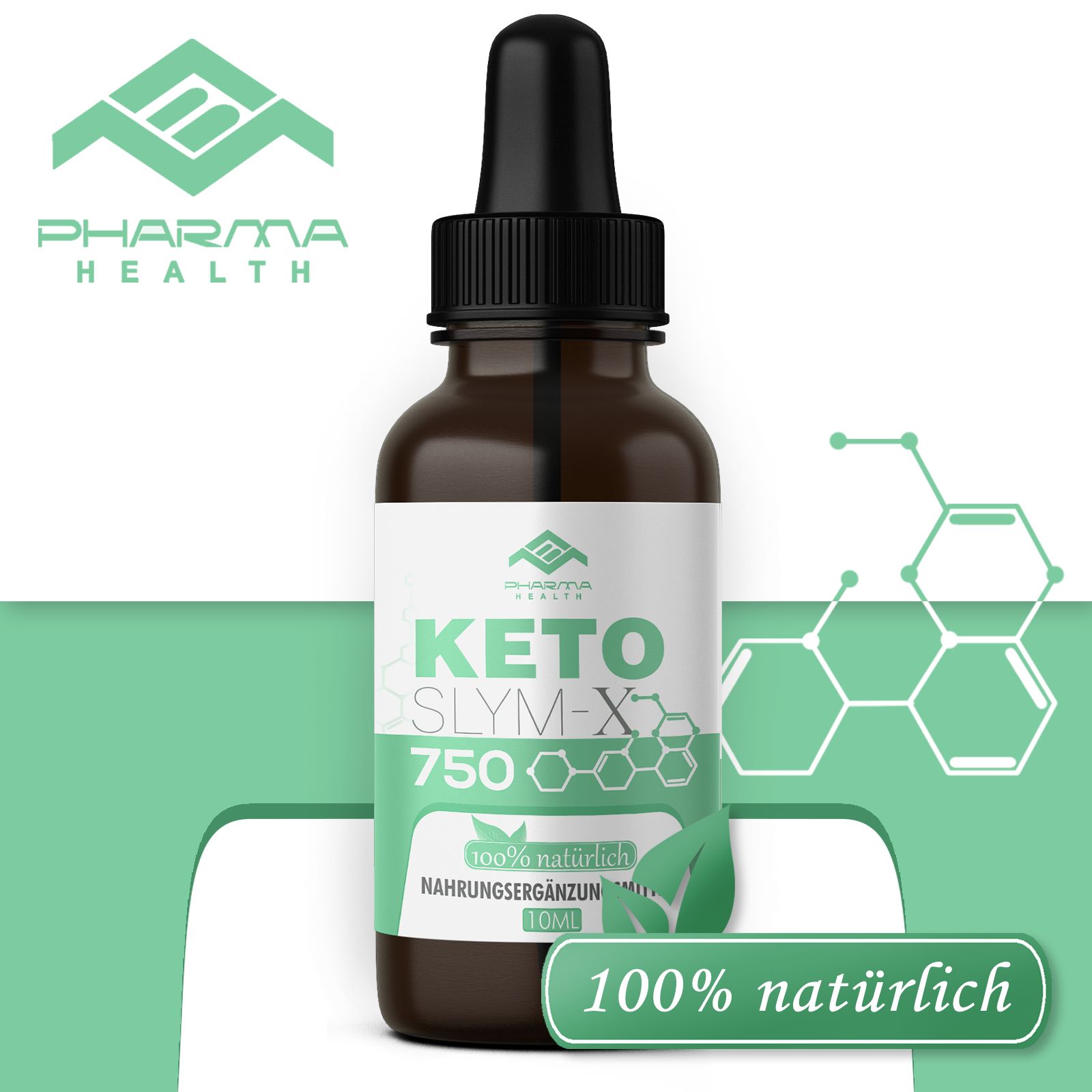 Flacone di vetro marrone con contagocce nero. Etichetta verde con testo: Keto Slym-X 750, 100% naturale, 10 ml. Logo Pharma Health.