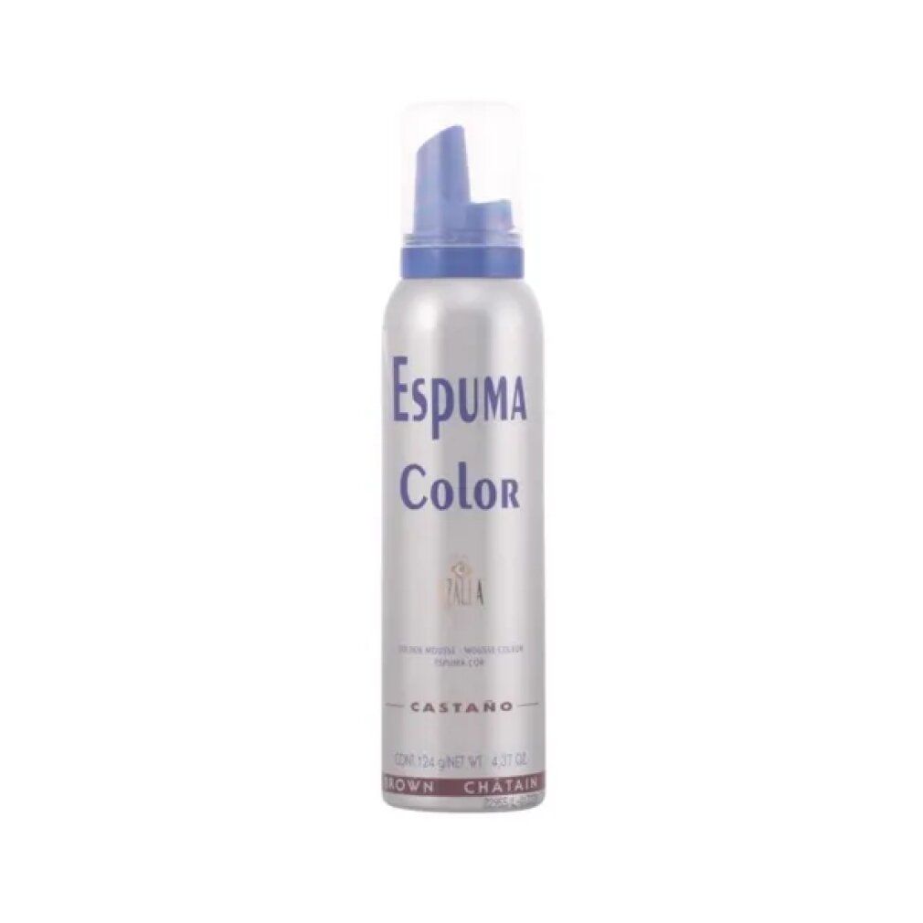 Flacone di mousse per capelli con erogatore blu. Scritta: Espuma Color, Castano, Brown, Chatain.