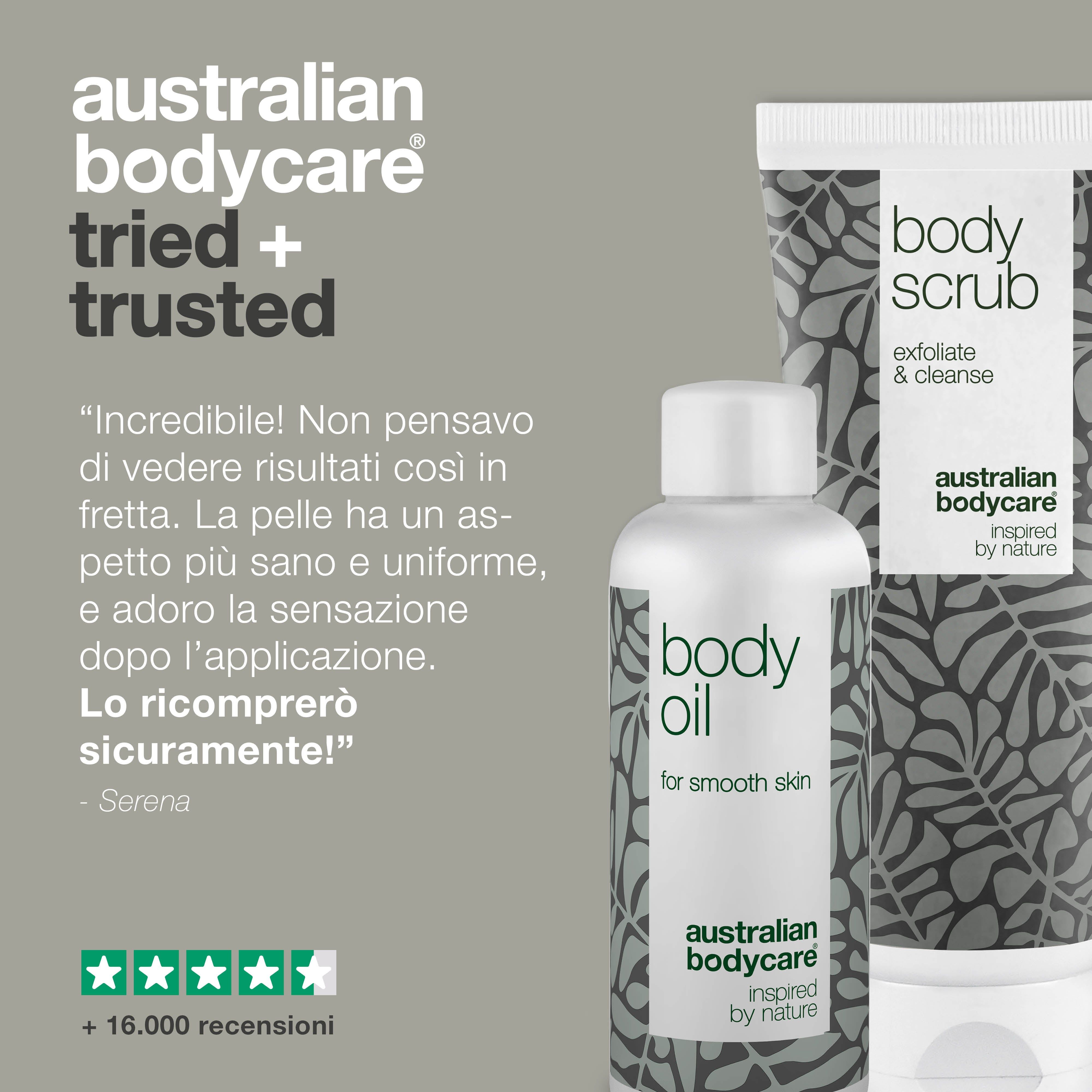 Body Oil e Body Scrub. Citazione e valutazione a 5 stelle. Testo: Australian Bodycare.