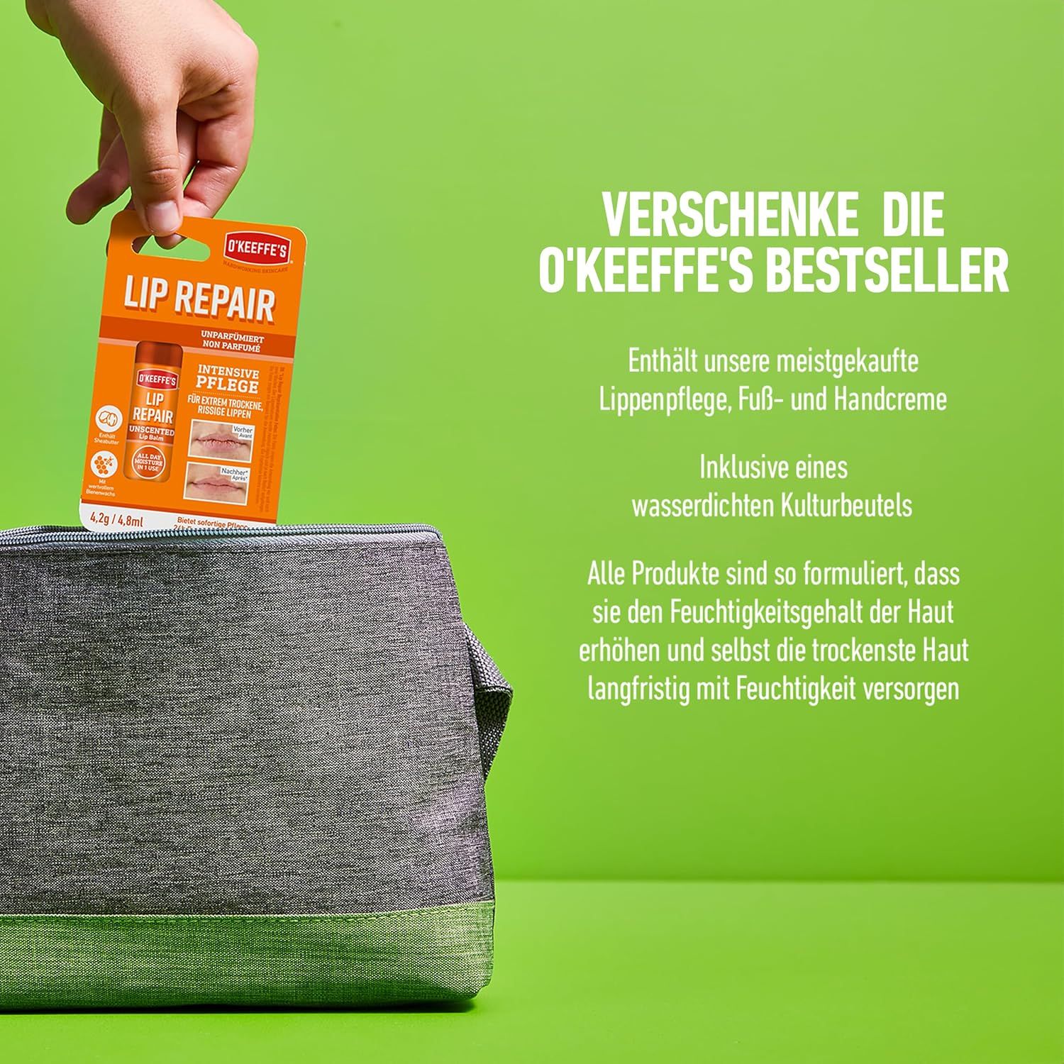 Mano che tiene il prodotto O'Keeffe's Lip Repair sopra una borsa grigia. Testo: Regala i bestseller O'Keeffe's. Contiene crema labbra, piedi e mani.