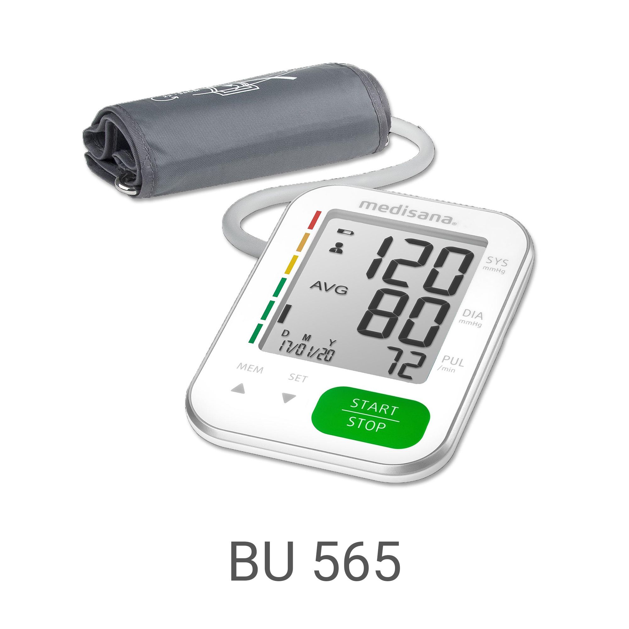 Misuratore pressione Medisana BU 565 con bracciale, display digitale e data.