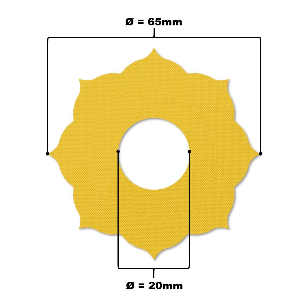 Anello di fissaggio giallo, diametro 65mm, foro 20mm. A forma di fiore, strutturato.