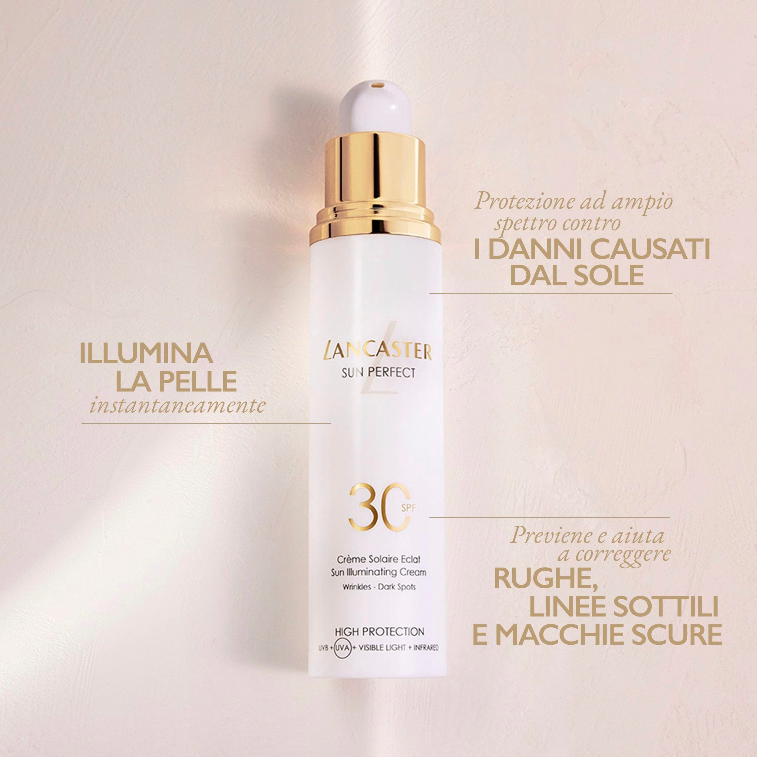 Prodotto bianco con chiusura dorata. Testo: Lancaster Sun Perfect 30. Didascalie in italiano.