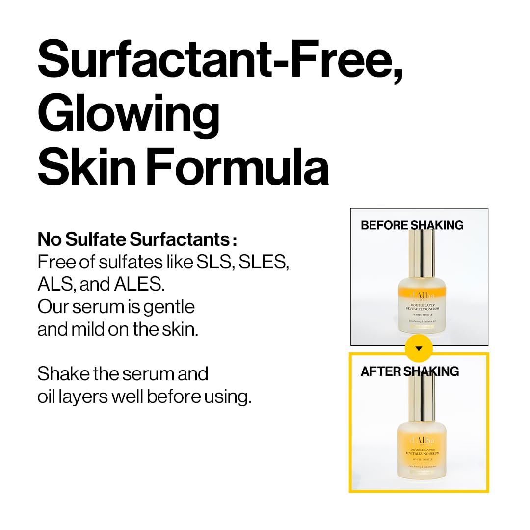 Flacone di siero con tappo dorato. Scritta: d'Alba, Double Layer Revitalizing Serum. Testo: Surfactant-Free, Glowing Skin Formula.