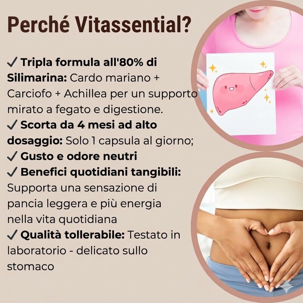 Infografica con testo e illustrazioni. Testo: 80% Silimarina, cardo mariano, carciofo, achillea. Vantaggi: energia, sensazione leggera.