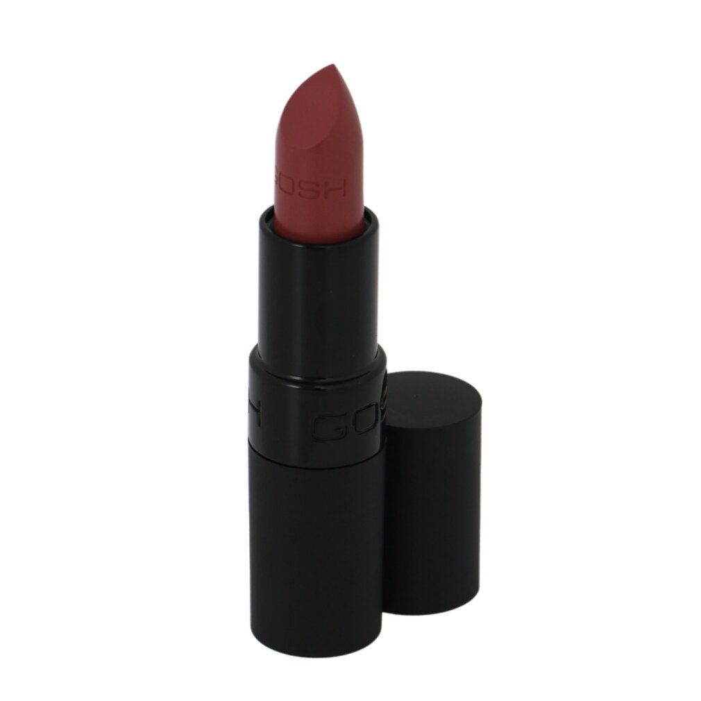 Rossetto scuro, astuccio nero. Coperchio accanto. Marchio GOSH visibile.