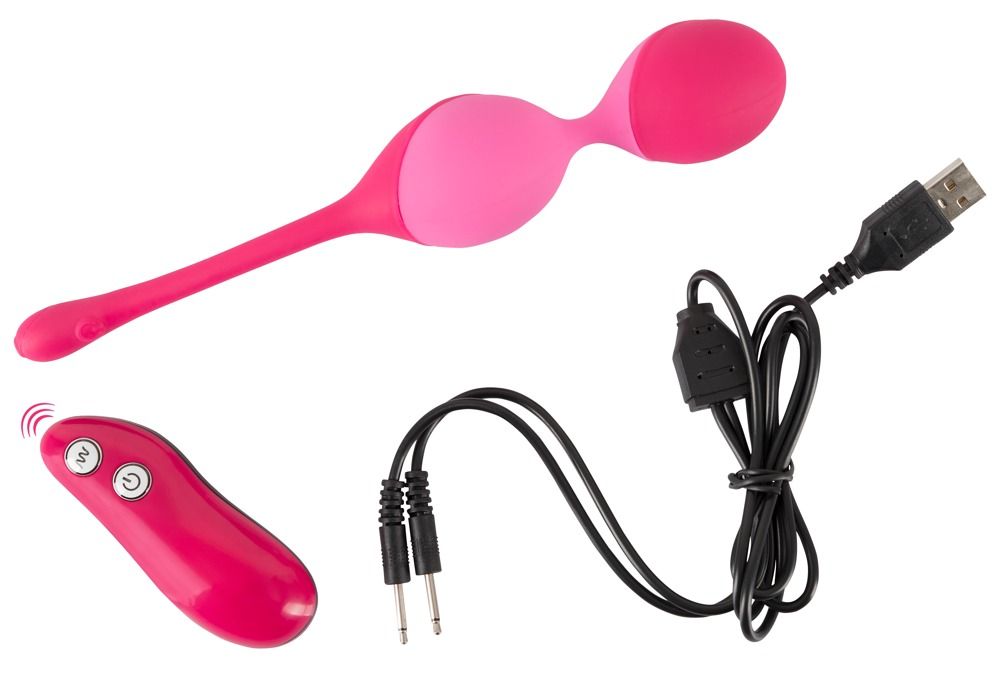 Duo di sfere vibranti rosa, telecomando, cavo USB e cavo di ricarica. Prodotto su sfondo bianco.