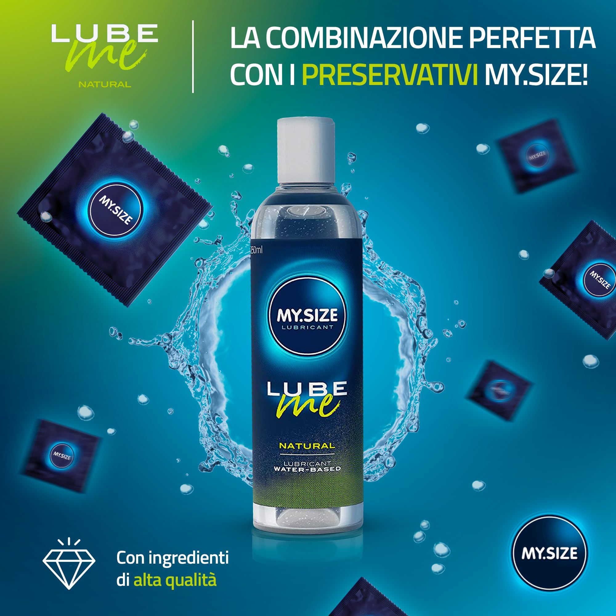 Flacone di gel lubrificante MY.SIZE Lube Me Natural con preservativi.