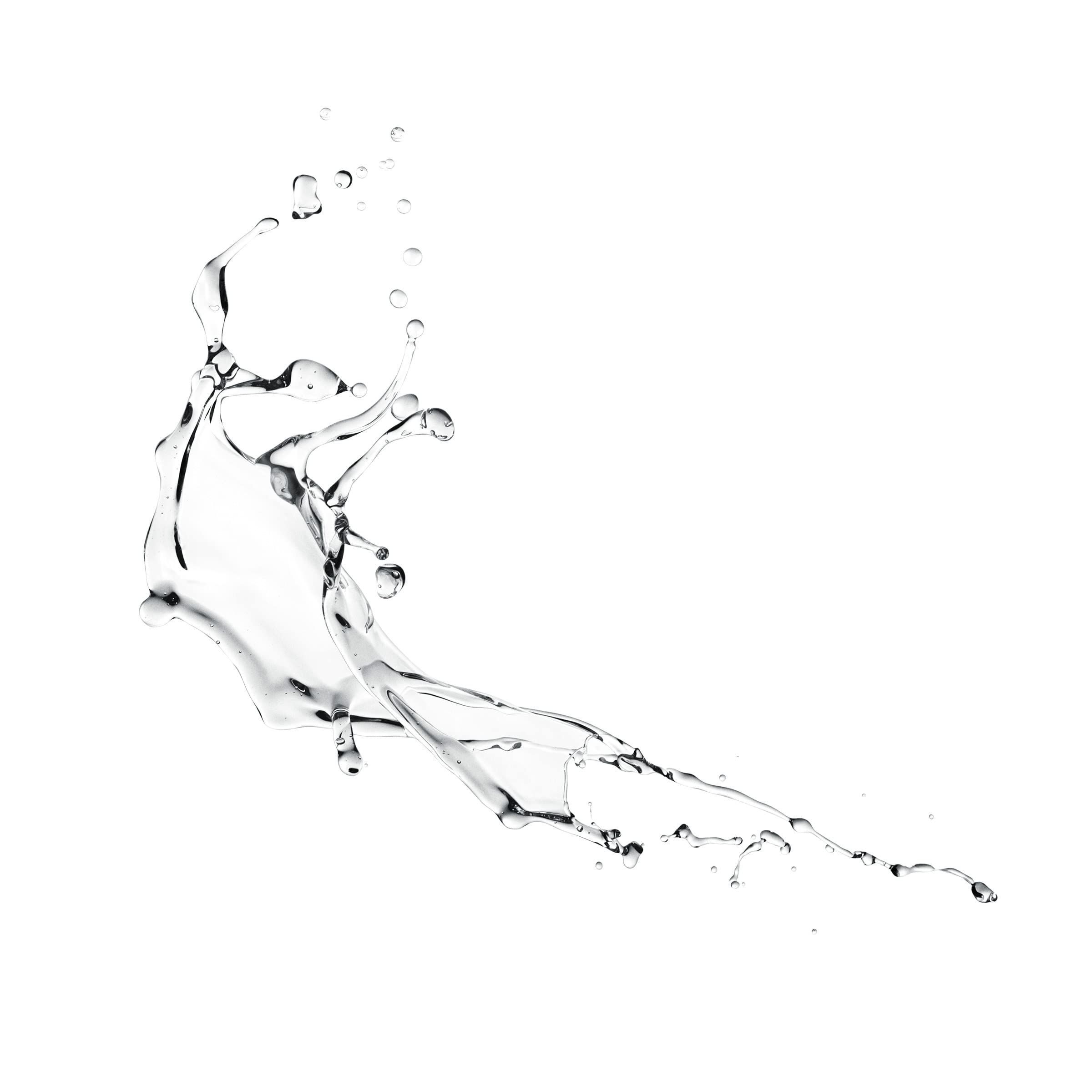 Schizzo d'acqua trasparente, forma dinamica. Gocce singole e linee fluide. Su sfondo bianco.