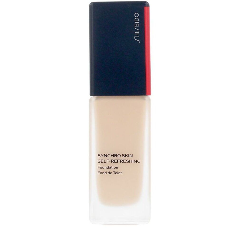 SHISEIDO FT SYNCHRO SKIN SELF REFRESHING Foundation. Flacone rettangolare in vetro con tappo blu scuro. Nome del prodotto e marchio visibili.