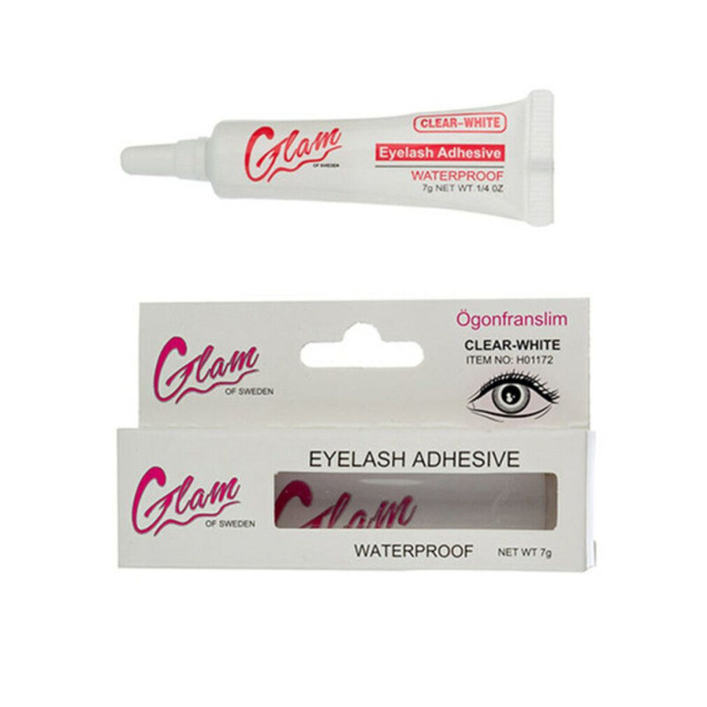 Set di tubetto e scatola bianchi. Tubetto con scritta "Eyelash Adhesive". Scatola con logo del marchio e nome del prodotto. Testo: "Clear-White", "Waterproof".