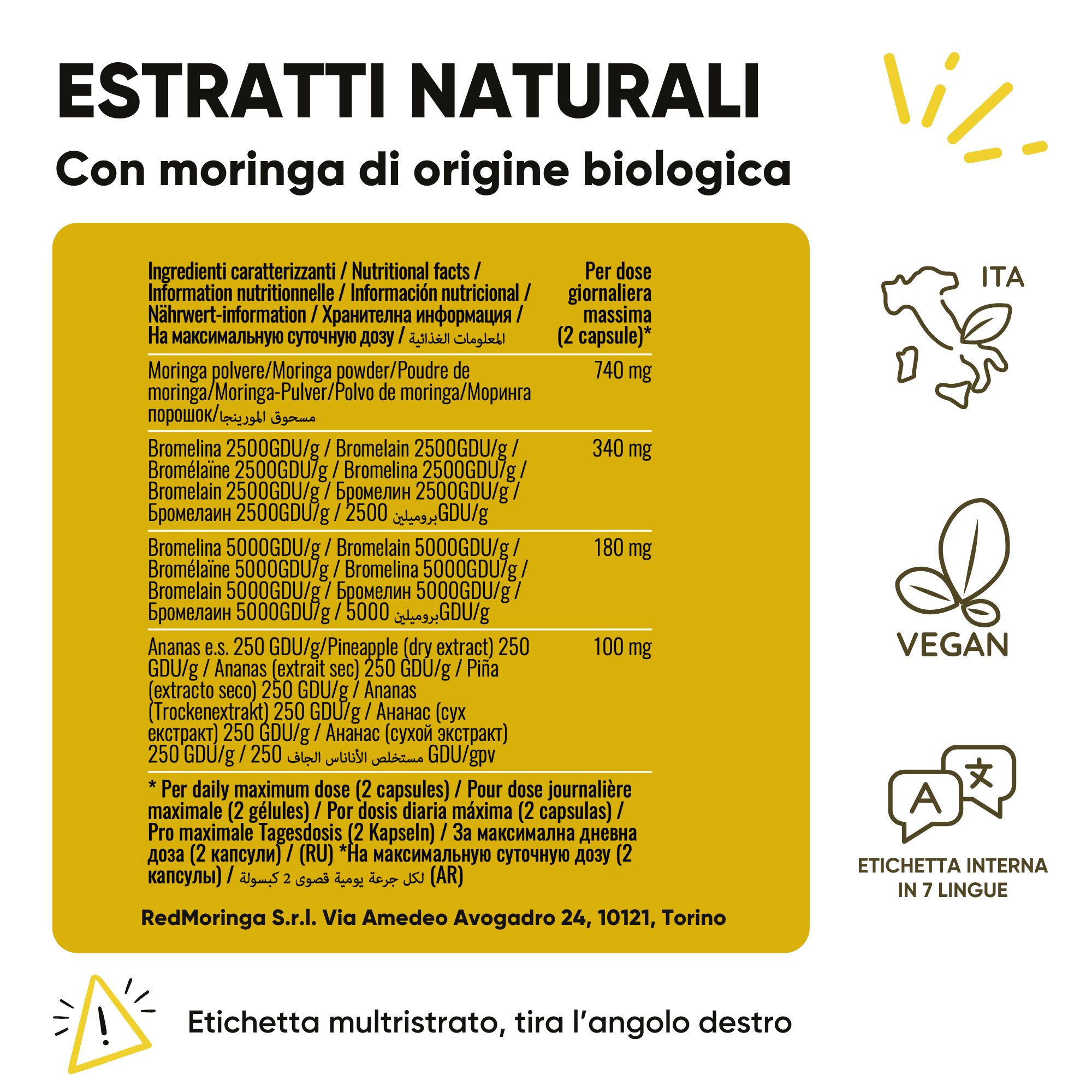 Etichetta con informazioni nutrizionali e ingredienti. Contiene polvere di moringa, bromelina ed estratto di ananas. Vegano.