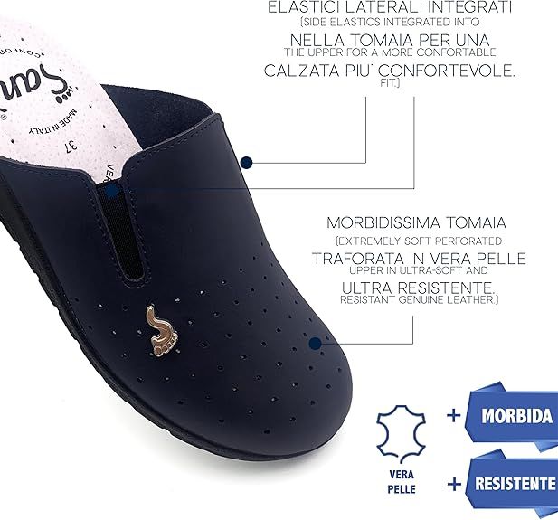 Dettaglio zoccolo Sanì blu. Pelle traforata, logo. Testo: 'Morbida tomaia', 'Vera pelle'.
