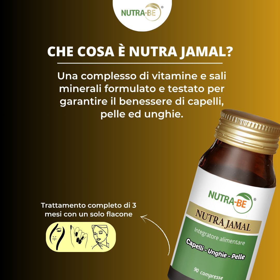 Flacone del prodotto con testo: "Nutra Jamal". Testo: "Cos'è Nutra Jamal?". Descrive vitamine e minerali per capelli, pelle e unghie.