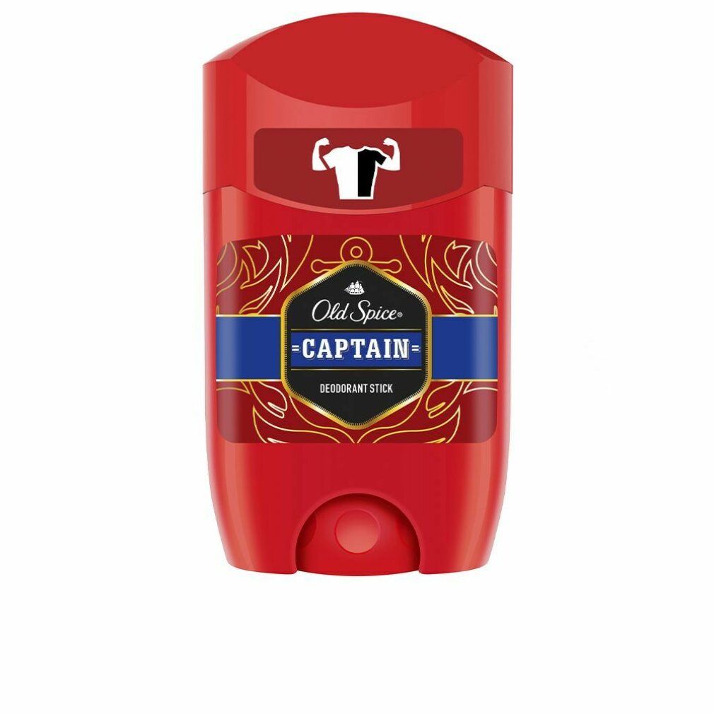 Stick deodorante rosso. Logo bianco e scritta: Old Spice Captain Deodorant Stick.