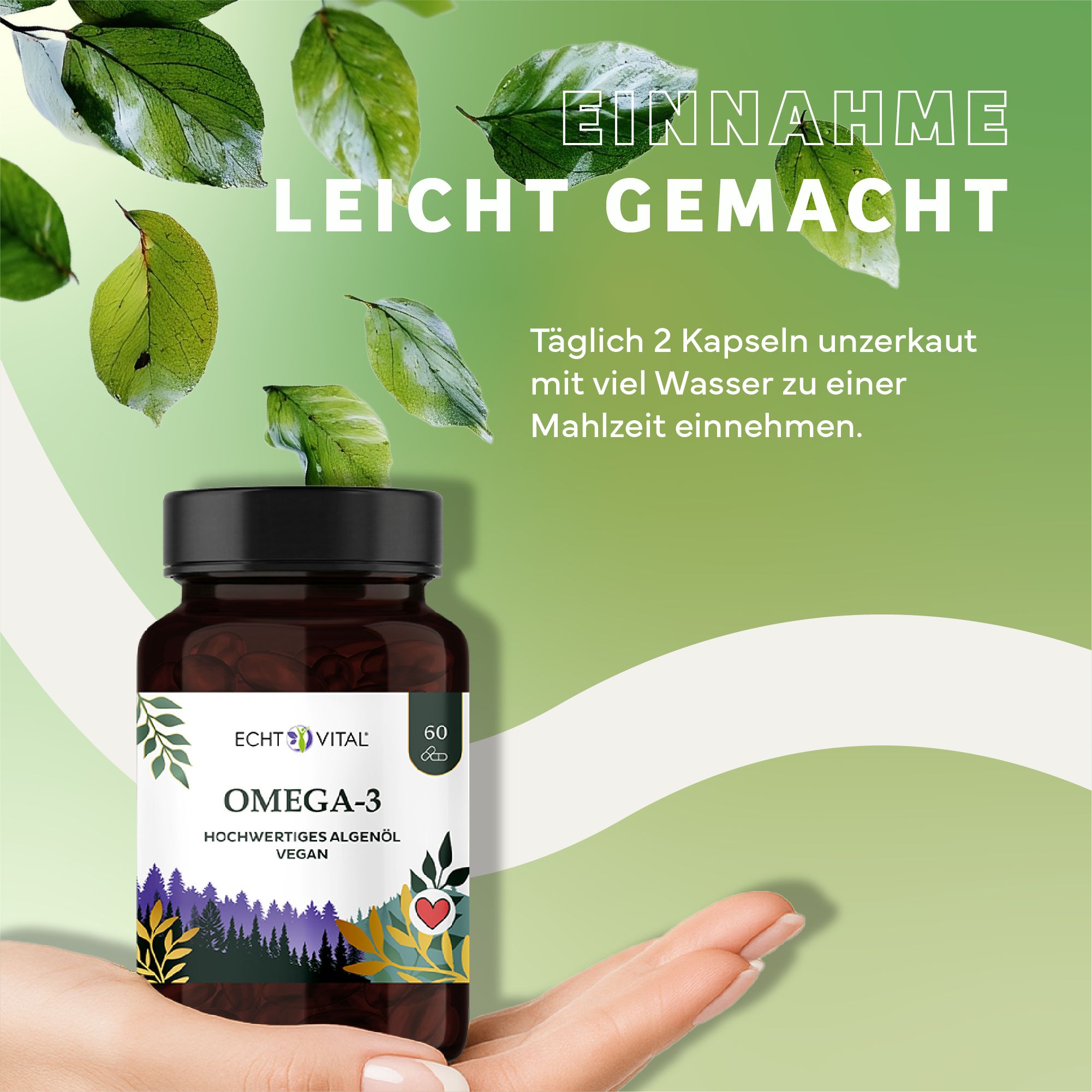 Capsule Echt Vital Omega-3 vegan, facili da assumere con acqua.