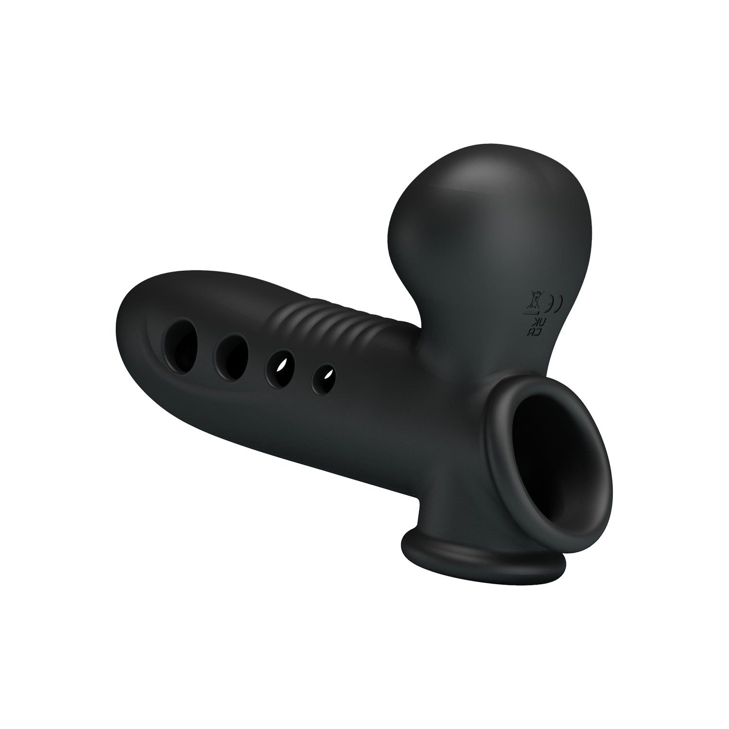 Prodotto benessere nero con fori e base rotonda. Su sfondo bianco.