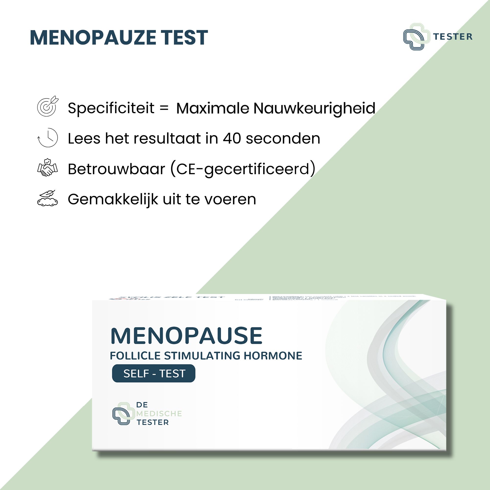 Immagine del prodotto con testo: MENOPAUSE TEST. Informazioni: Specificità, risultato in 40 secondi, certificato CE, facile da eseguire. Confezione del prodotto in basso.