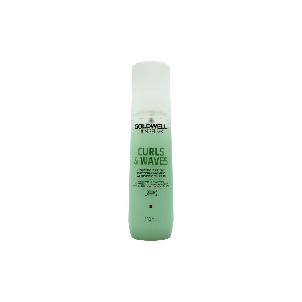 Flacone spray con tappo bianco. Scritta: GOLDWELL DUALSENSES, CURLS & WAVES. Liquido verdognolo visibile. 150ml.