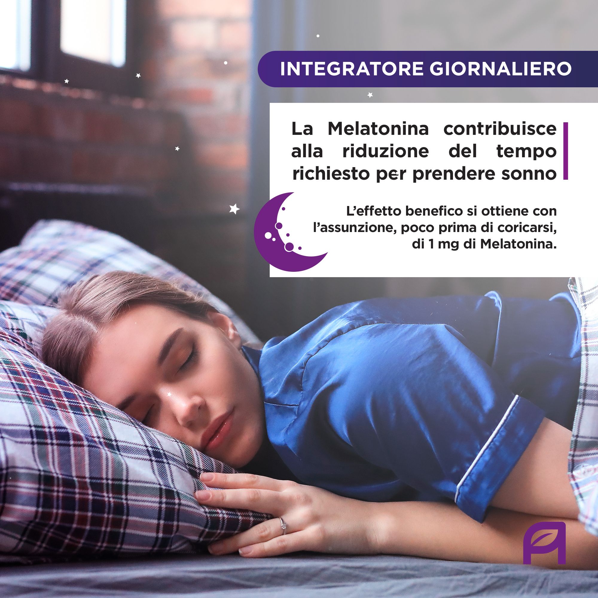 Donna a letto, che dorme. Testo: La melatonina riduce il tempo per addormentarsi. Simbolo luna e stelle.