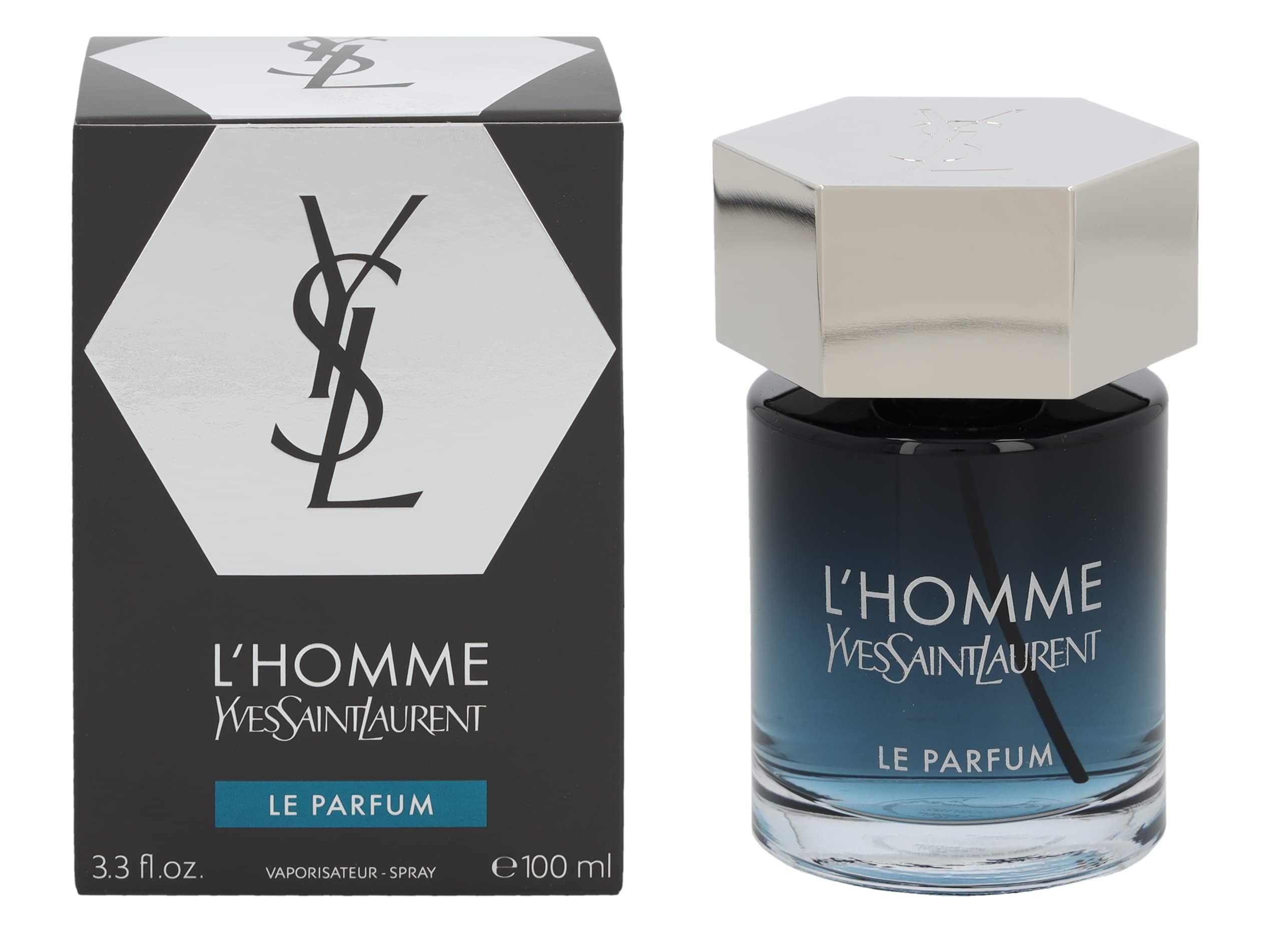 Scatola e flacone. Scatola: nera con logo argentato. Flacone: rotondo, blu-trasparente, tappo argentato. Scritta: L'HOMME, Yves Saint Laurent, LE PARFUM.