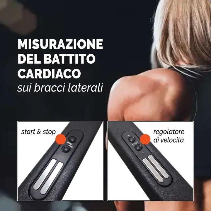 Primo piano dei comandi di un tapis roulant. Scritte: Start & Stop, regolatore di velocità.