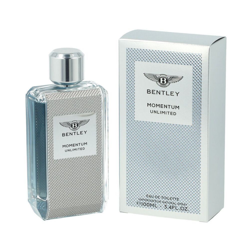 Bentley Momentum Unlimited Eau de Toilette Spray. Flacone e confezione. Design argentato con logo e scritta.