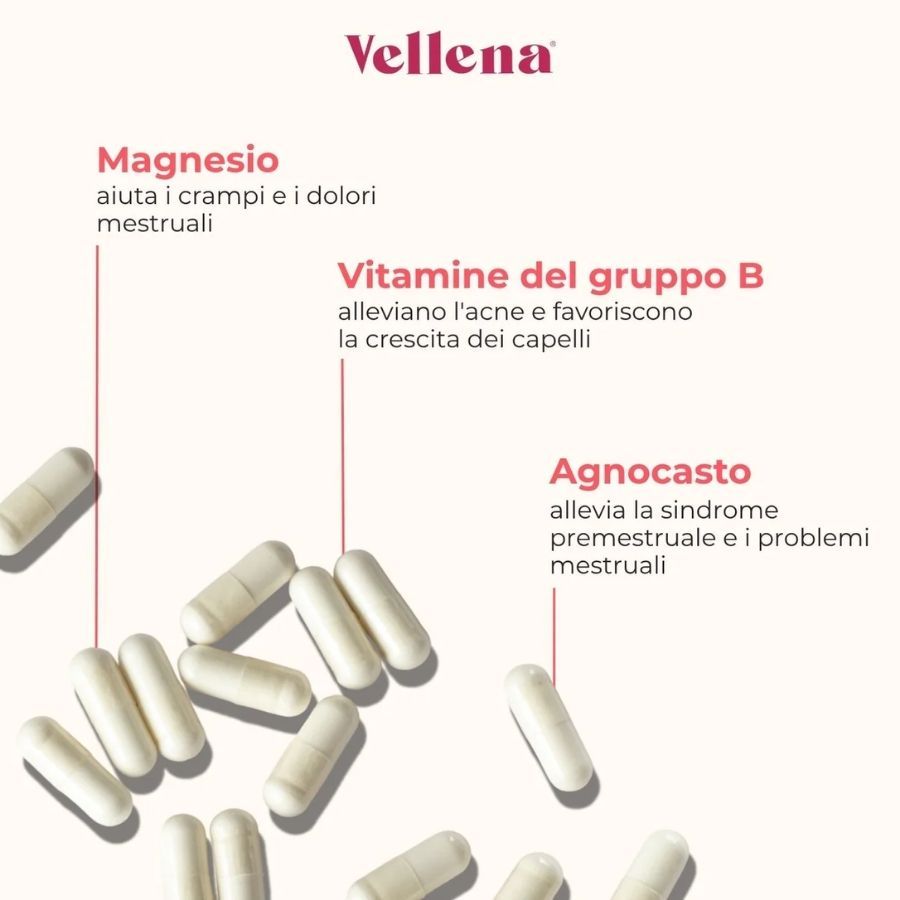 Capsule bianche su sfondo rosa. Testo: Vellena, Magnesio, Vitamine B, Agnocasto. Descrizioni dei benefici.
