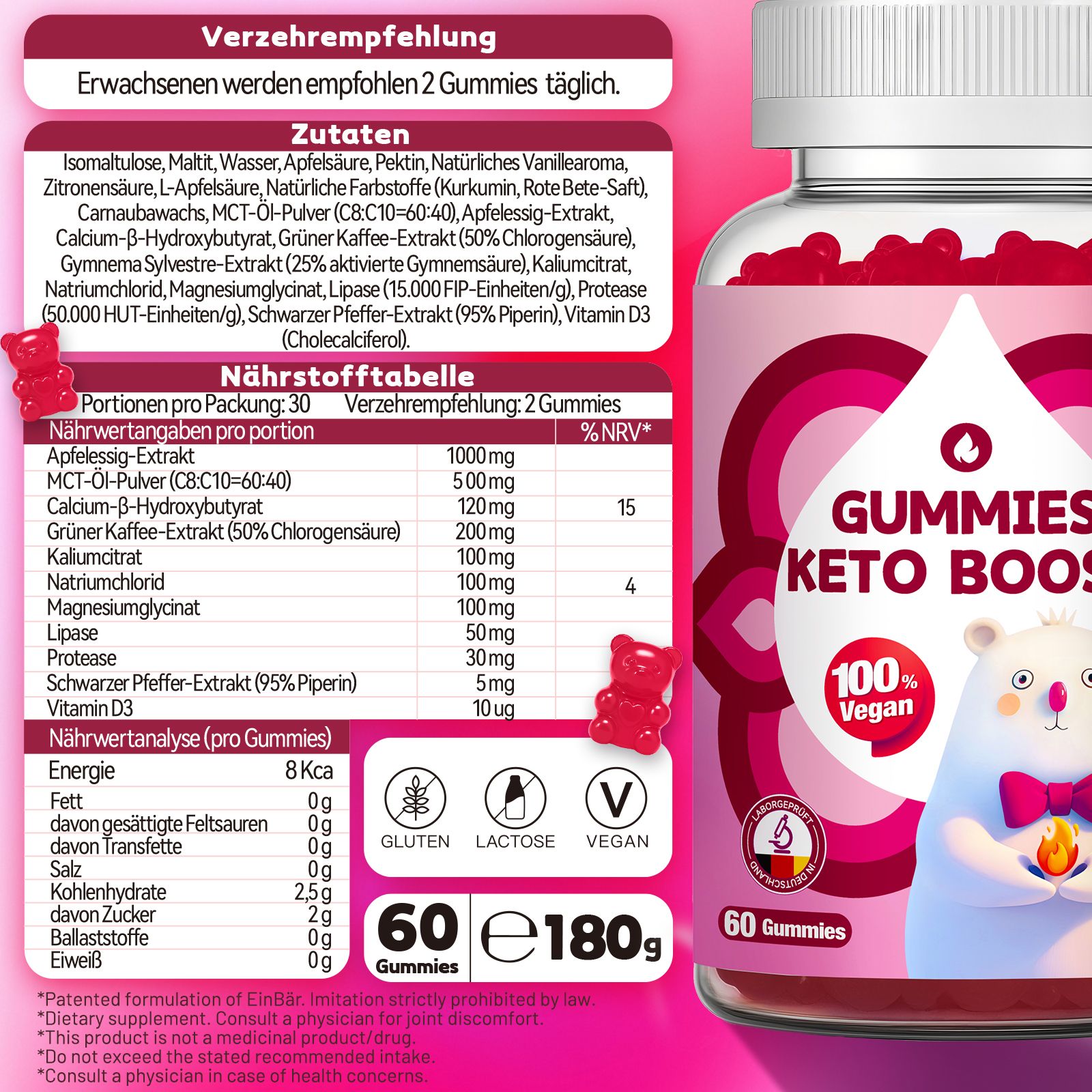 Flacone da 60 caramelle gommose Keto Boost, 180g. Include sigillo 100% vegano e illustrazione di orso.