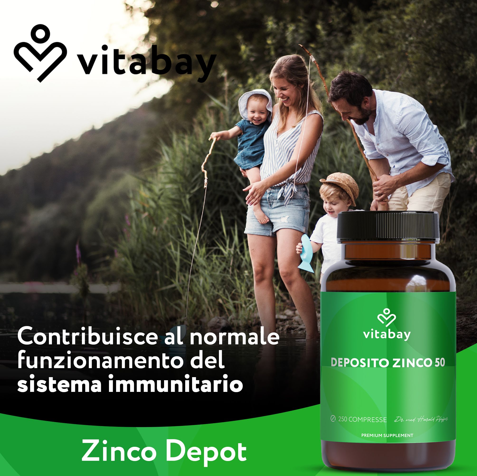 Famiglia pesca in riva al lago. Flacone Vitabay Zink-50 Depot in primo piano.