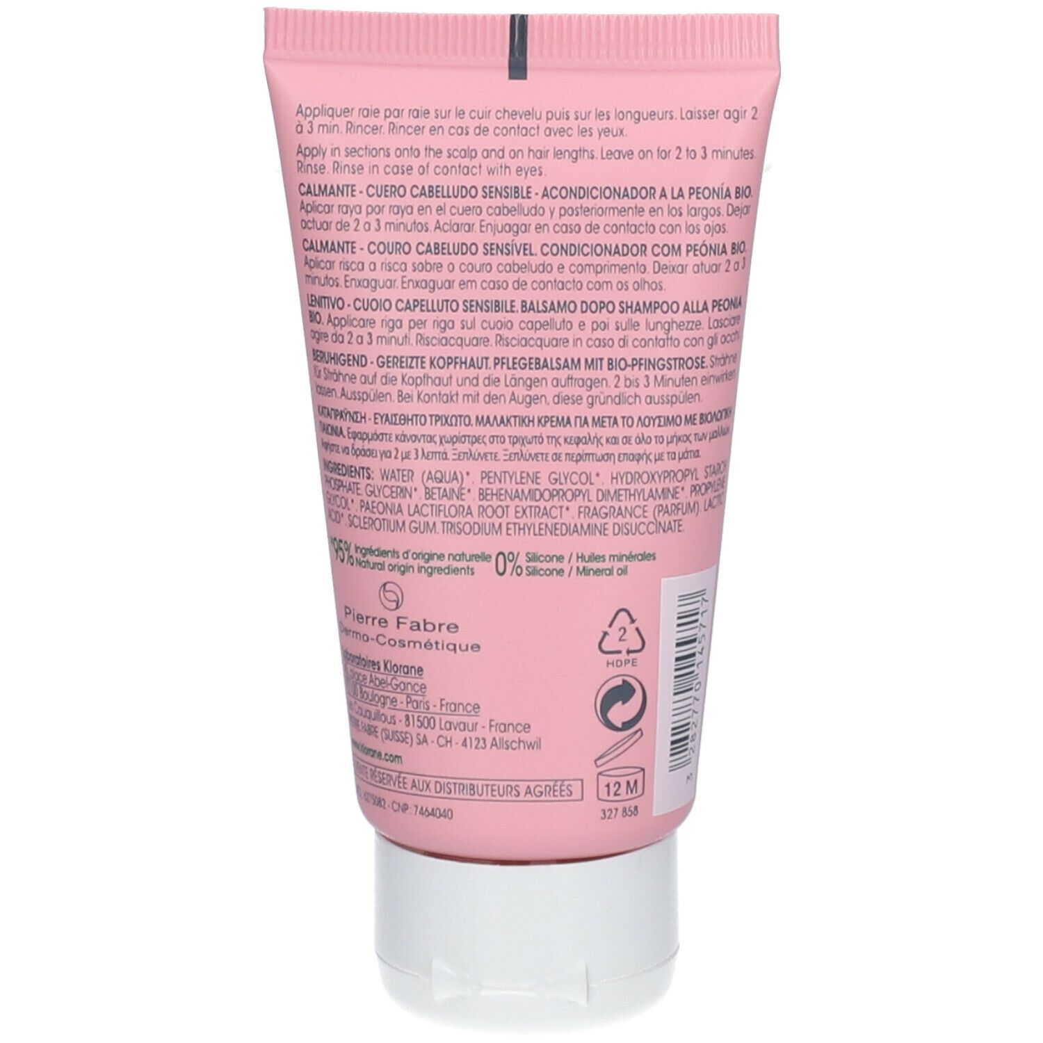 Retro del tubo rosa KLORANE Balsamo alla Peonia BIO. Testo multilingue. Simbolo di riciclaggio.