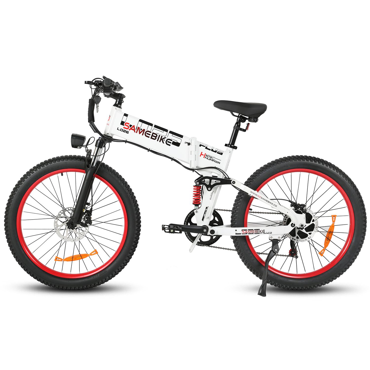 E-bike pieghevole bianca, cerchi rossi. Pneumatici, sella e manubrio neri. Marchio SAMEBIKE LO26Plus.