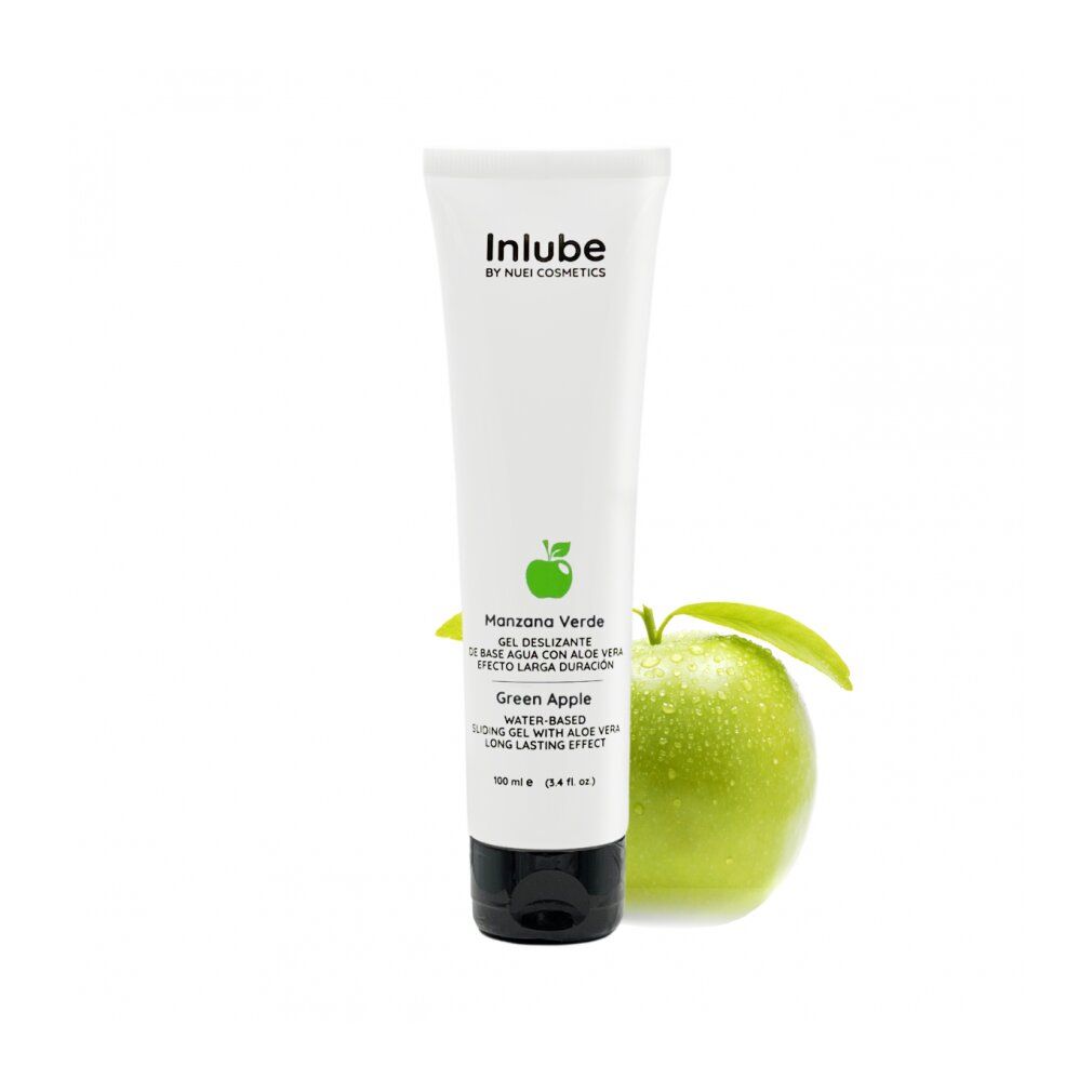 Tubo bianco con tappo nero, accanto a una mela verde. Scritta: Inlube, Manzana Verde, Green Apple. Nome del prodotto e logo.