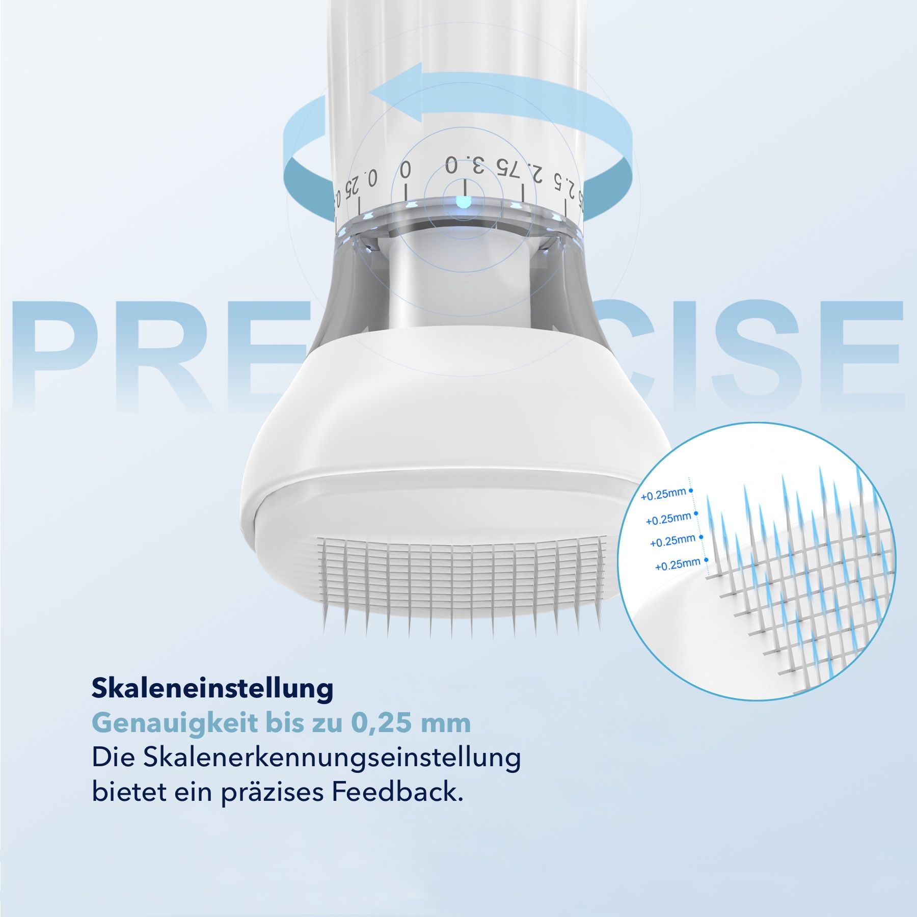 Dermastamp con regolazione della scala. Testo: Regolazione della scala, precisione fino a 0,25 mm. Vista dettagliata degli aghi.