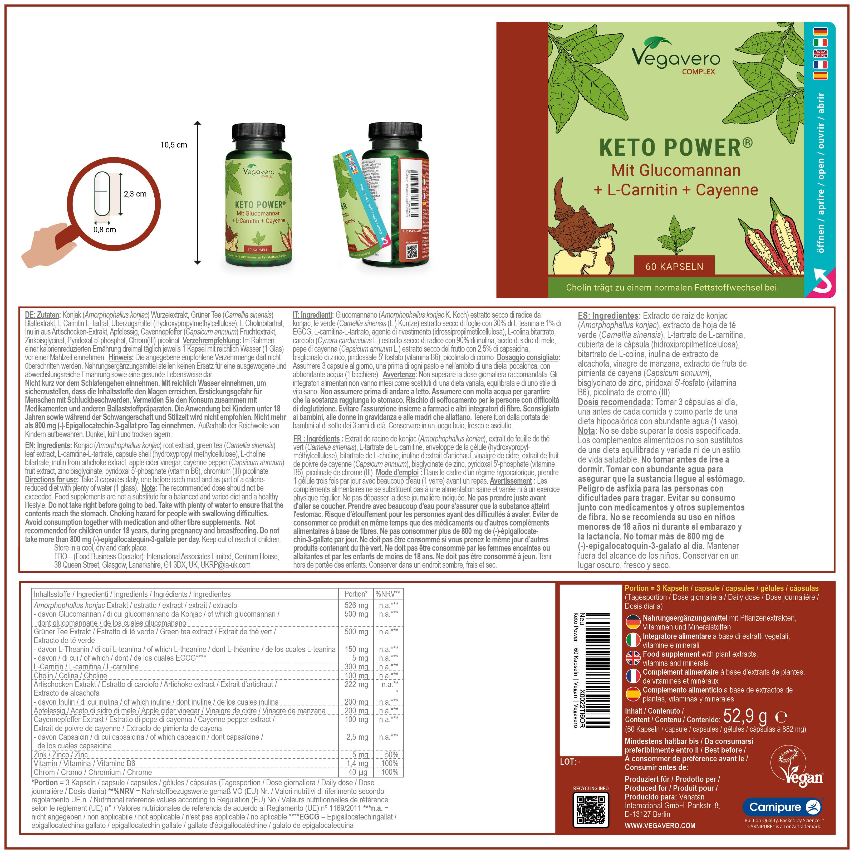 Confezione del prodotto con flacone e foglietto illustrativo. Scritta: Keto Power. Ingredienti e informazioni nutrizionali.