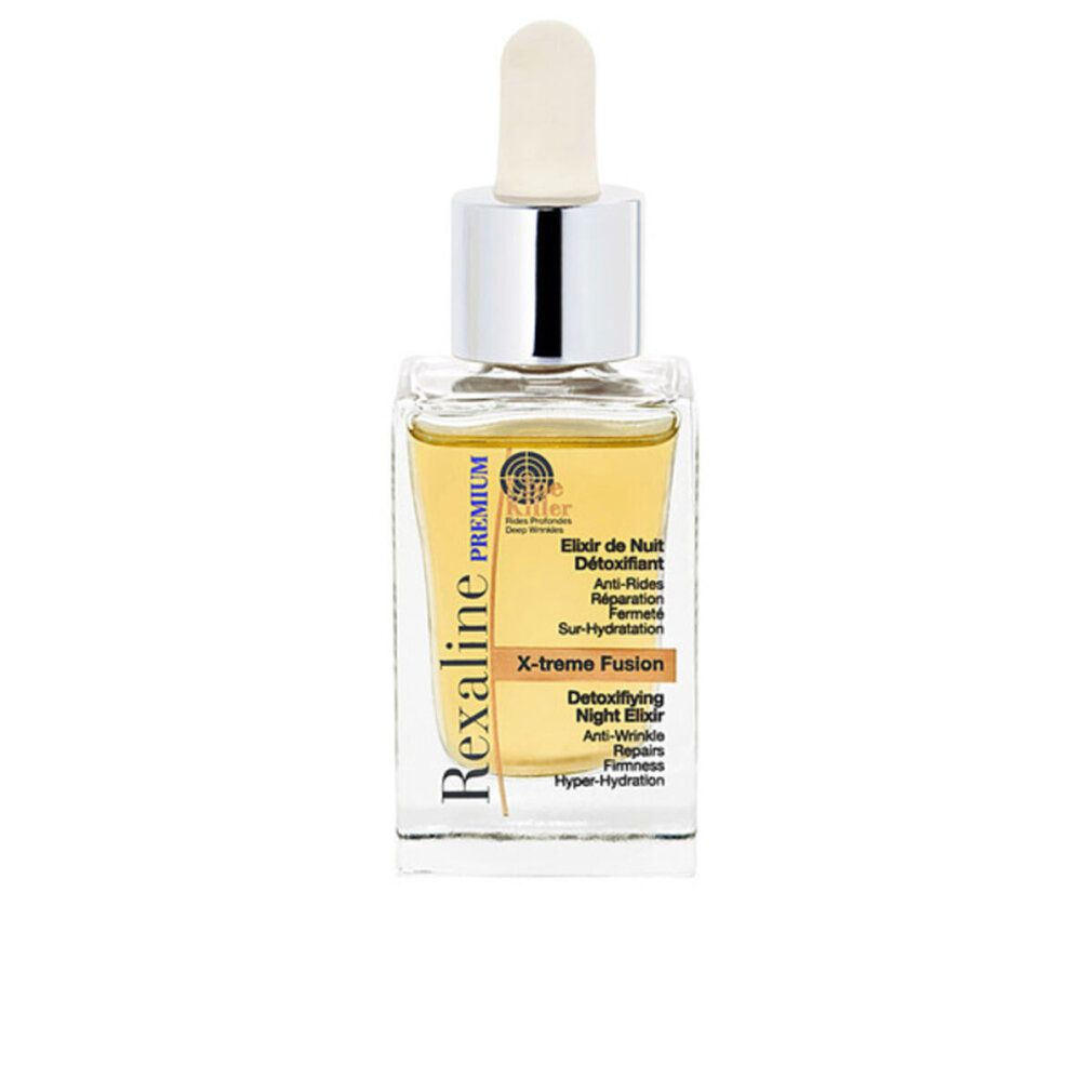 Flacone di vetro trasparente con tappo argentato e pipetta. Scritta: Rexaline Premium, Elixir de Nuit Détoxifiant, X-treme Fusion.