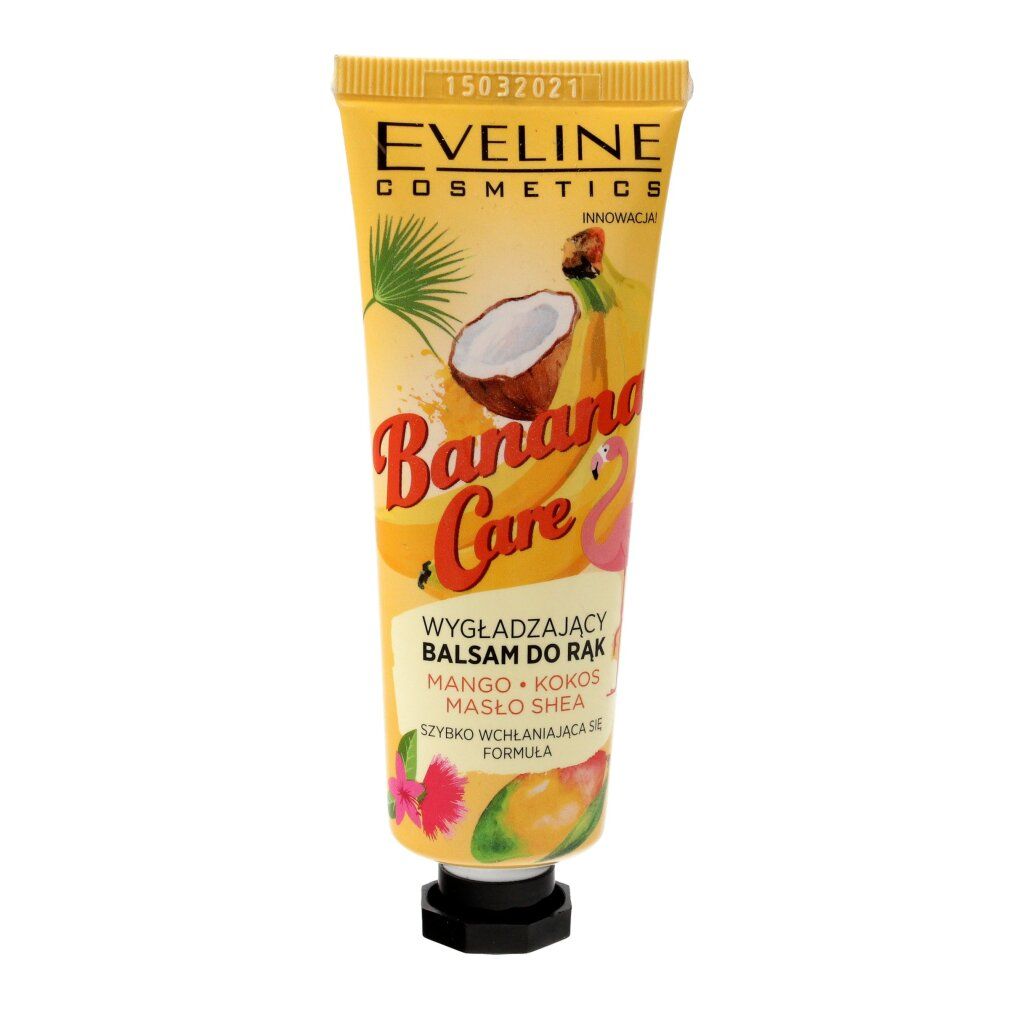 Tubo giallo con stampa. Scritta "EVELINE COSMETICS" e "Banana Care". Illustrazione di banana, cocco e fenicottero. Tappo nero.